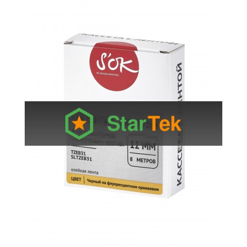 Кассета с лентой S'OK by Sakura Printing TZEB31 для Brother, черный на оранжевом, 12мм/8м, наклейка
