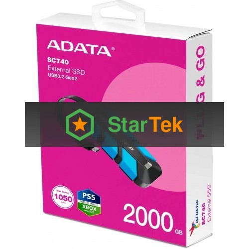 Внешний SSD   ADATA SC740 2.0Tb (USB3.2 gen 2 type C, 1050/1000Mbs, 122x41x22mm, 40g, защита от падения, встроенный кабель)