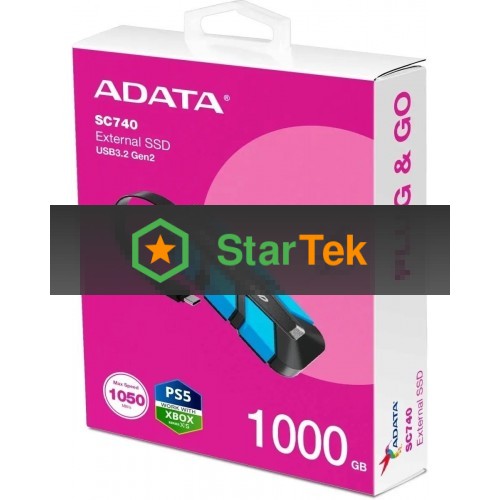 Внешний SSD   ADATA SC740 1.0Tb (USB3.2 gen 2 type C, 1050/1000Mbs, 122x41x22mm, 40g, защита от падения, встроенный кабель)