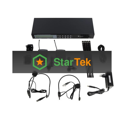 Микрофонная система Intrend ITWMIC-JS-LH цифровая, беспроводная, двухканальная. 2 поясных передатчика, 2 головных микрофона, 2 петличных микрофона, диапазон UHF, LCD дисплей