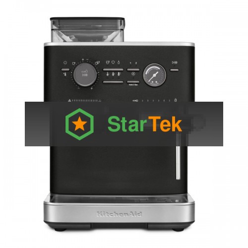 Полуавтоматическая кофемашина KitchenAid, давление 15 бар, 15 уровней помола, объем резервуара для воды 2.5 л, автоматический капучинатор, одновременное приготовление двух чашек, индикатор наличия зерен, индикация уровня воды, черный чугун