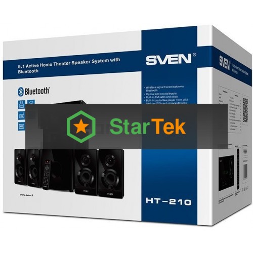 Аудиоколонки SVEN HT-210, черный, акустическая система 5.1, мощность (RMS):50Вт+5x15Вт, Bluetooth, Optical, Coaxial, FM-тюнер, USB/SD, дисплей, ПДУ