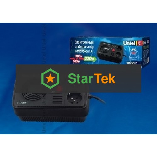 Стабилизатор напряжения UNIEL 9620 U-STR-1000/1 серия Standard Courage 1000 ВА Однофазный электронны(релейный) стабилизатор,номинальная мощность 1,0кВА,диапазон входного напряжения 145-280В,выходное напряжение 220+/-10%В,частота 50/60Гц,точность стабилиза