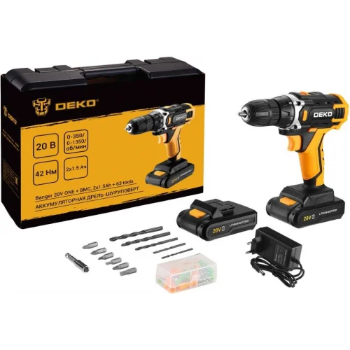 Аккумуляторная дрель-шуруповерт DEKO Banger 20V ONE + в кейсе + набор 63 инструмента для дома, 20В, 2х1.5Ач