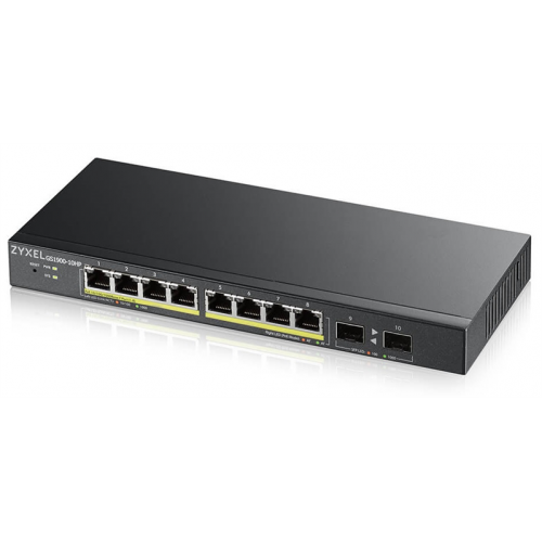 Коммутатор Smart L2 PoE+ Zyxel GS1900-10HP, 8xGE PoE+, 2xSFP, настольный, бесшумный, бюджет PoE 77 Вт