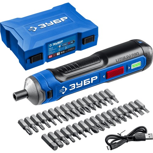 Отвертка аккумуляторная 4 Vmax, в кейсе с набором 33 бит ЗУБР Профессионал PSD-4S