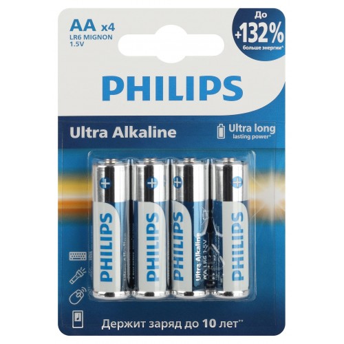 Philips Батарейки LR6E4B/51 АА алкалиновые 1,5v, LR6-4BL Ultra (4/48/144/18432). Блистер 4 шт.