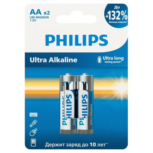 Philips Батарейки LR6E2W/51 АА алкалиновые 1,5v, LR6-2BL Ultra (2/24/144/11520). Блистер 2 шт.
